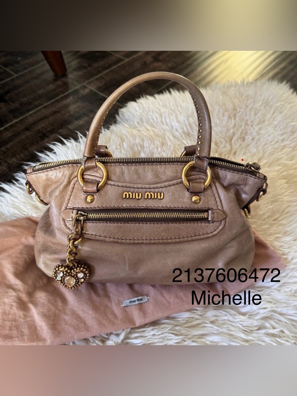 Vintage Miu Miu Distressed Leather Handbag with Swarovski Crystal Charm - Rare R